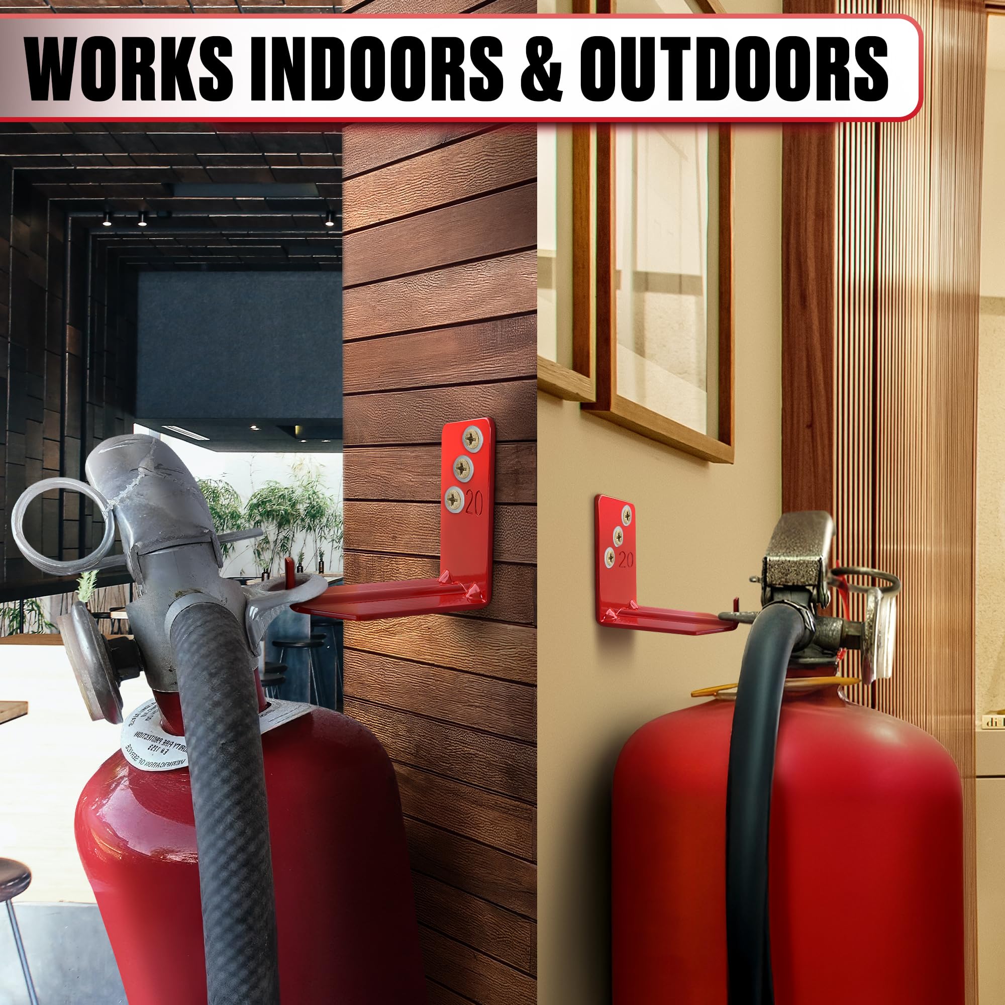 Reluen extinguisher hook mounted securely in a garage setting
