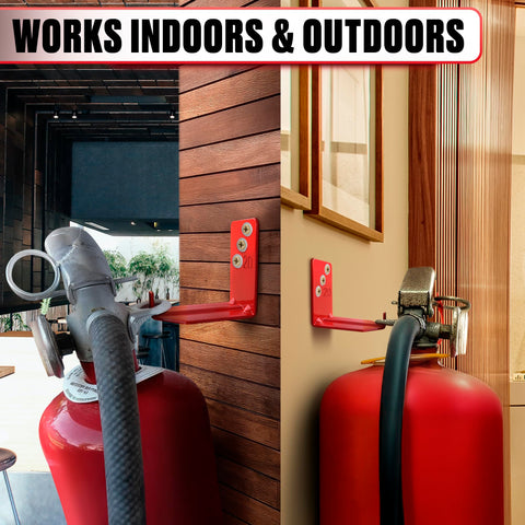 Reluen extinguisher hook mounted securely in a garage setting