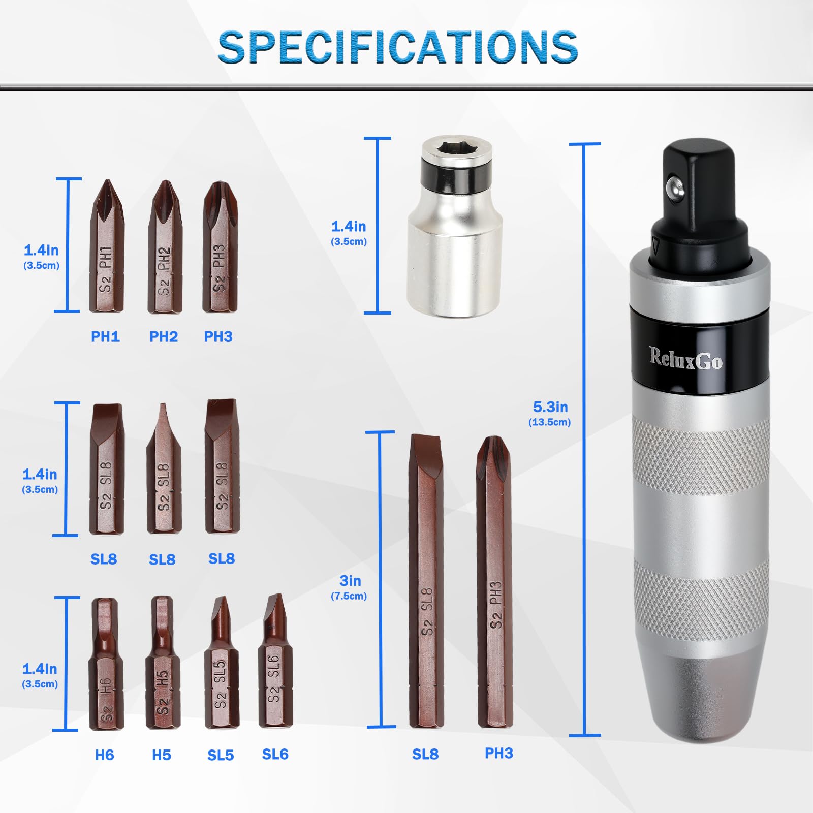 ReluxGo 12-piece bit set with slotted, Phillips, and hex bits for fast adjustments