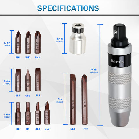 ReluxGo 12-piece bit set with slotted, Phillips, and hex bits for fast adjustments