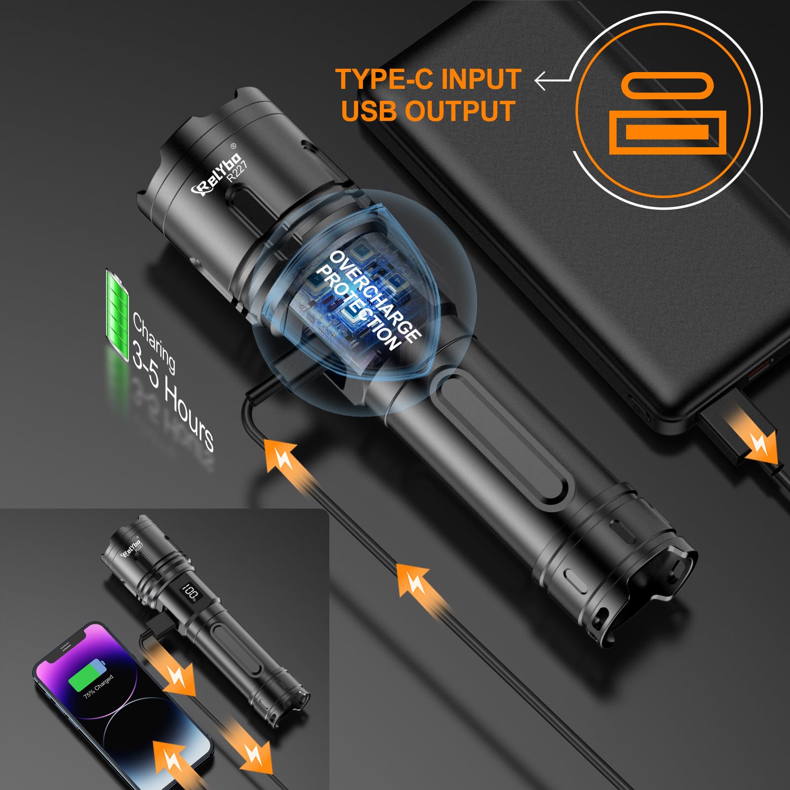 Relybo R227 kit includes battery, charger, and accessories