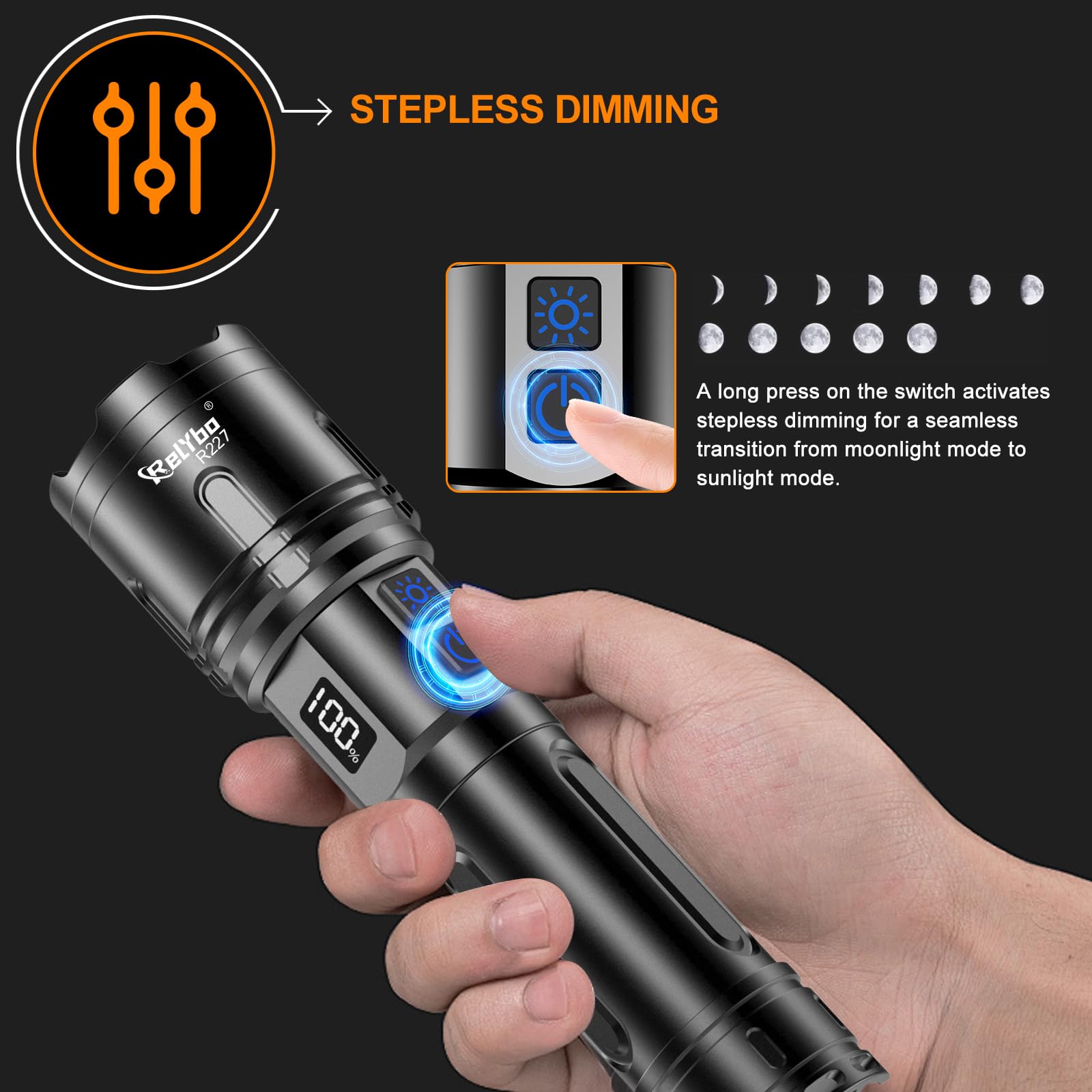 Relybo R227 LCD display shows battery percentage at a glance