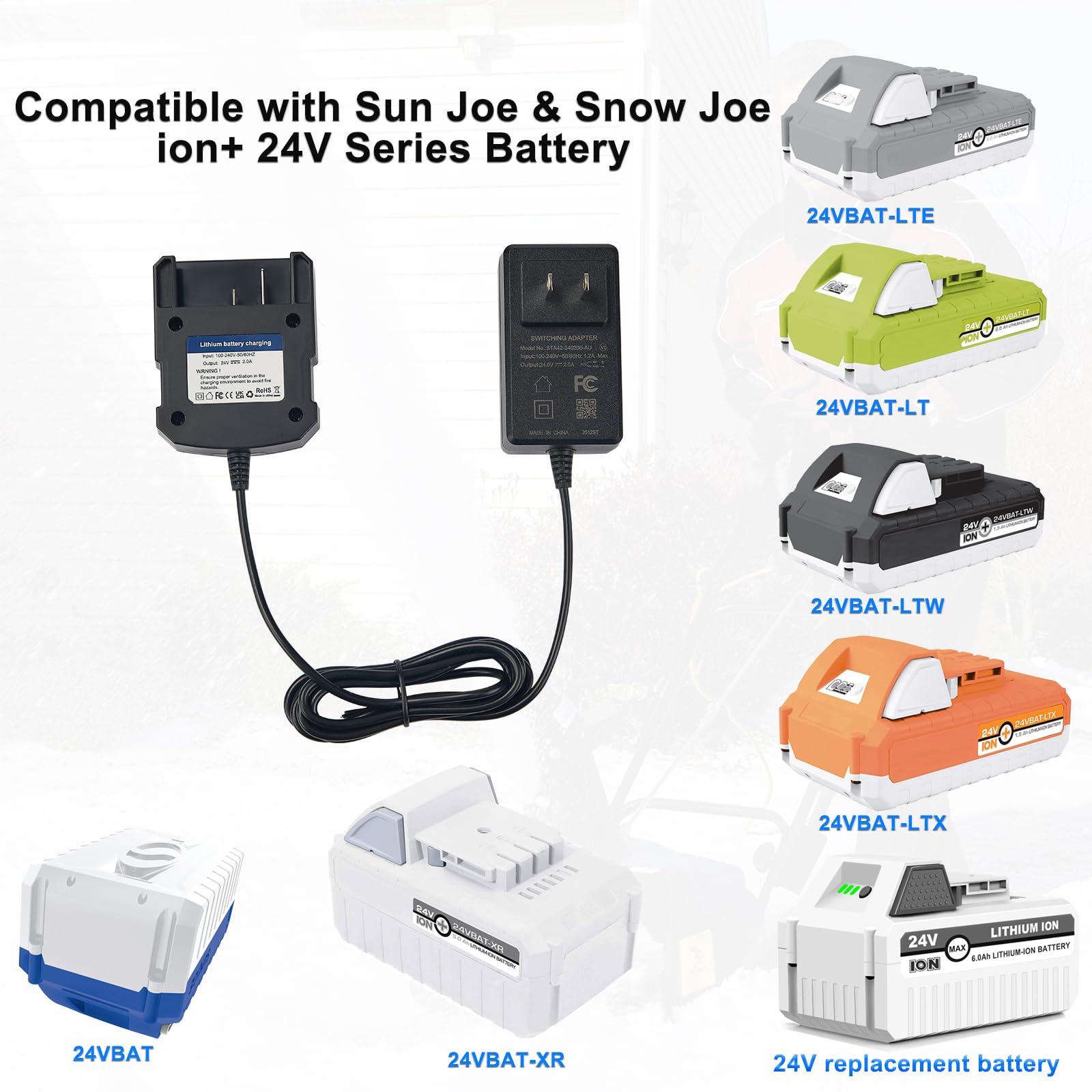 Remate compatible 24V charger fits Snow Joe and Sun Joe batteries for versatile use.