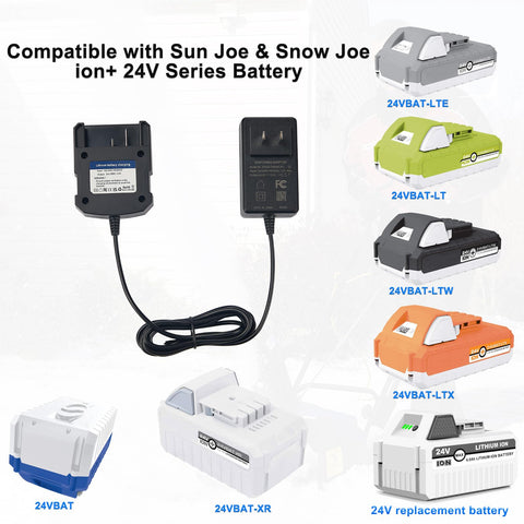 Remate compatible 24V charger fits Snow Joe and Sun Joe batteries for versatile use.