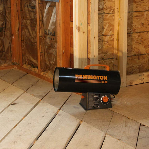 Remington LP heater ready to connect to a 20 pound propane tank (tank not included).