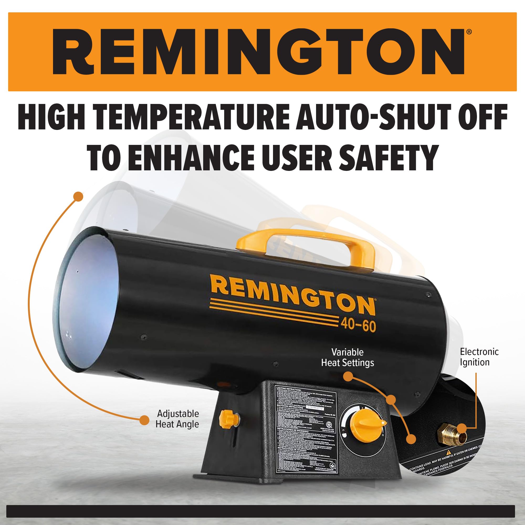 Remington LP forced air heater with electronic ignition enabling quick startup on site.