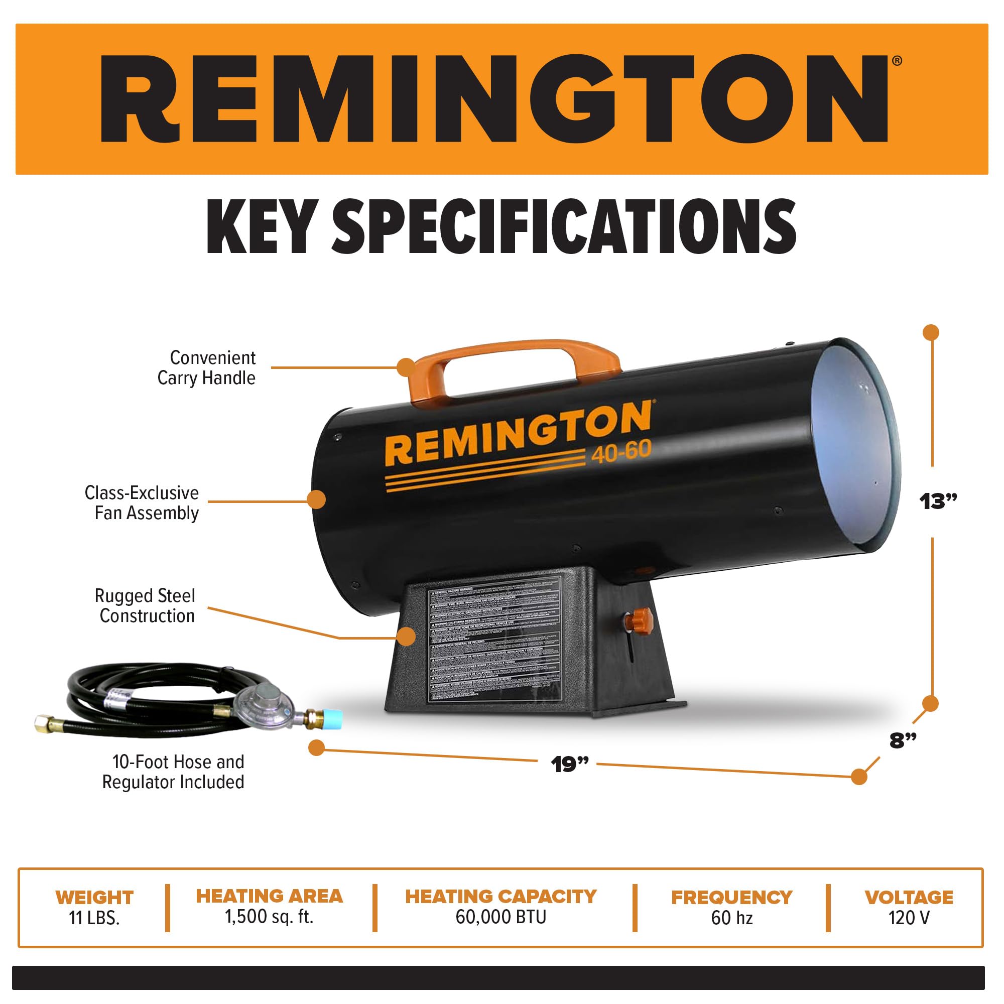 Remington LP forced air heater in a workspace illustrating rapid heating for large areas.