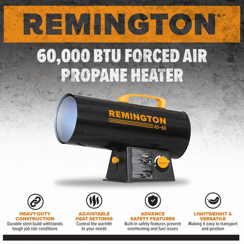 Remington LP forced air heater side panel showing compact 11 pound design for easy transport.