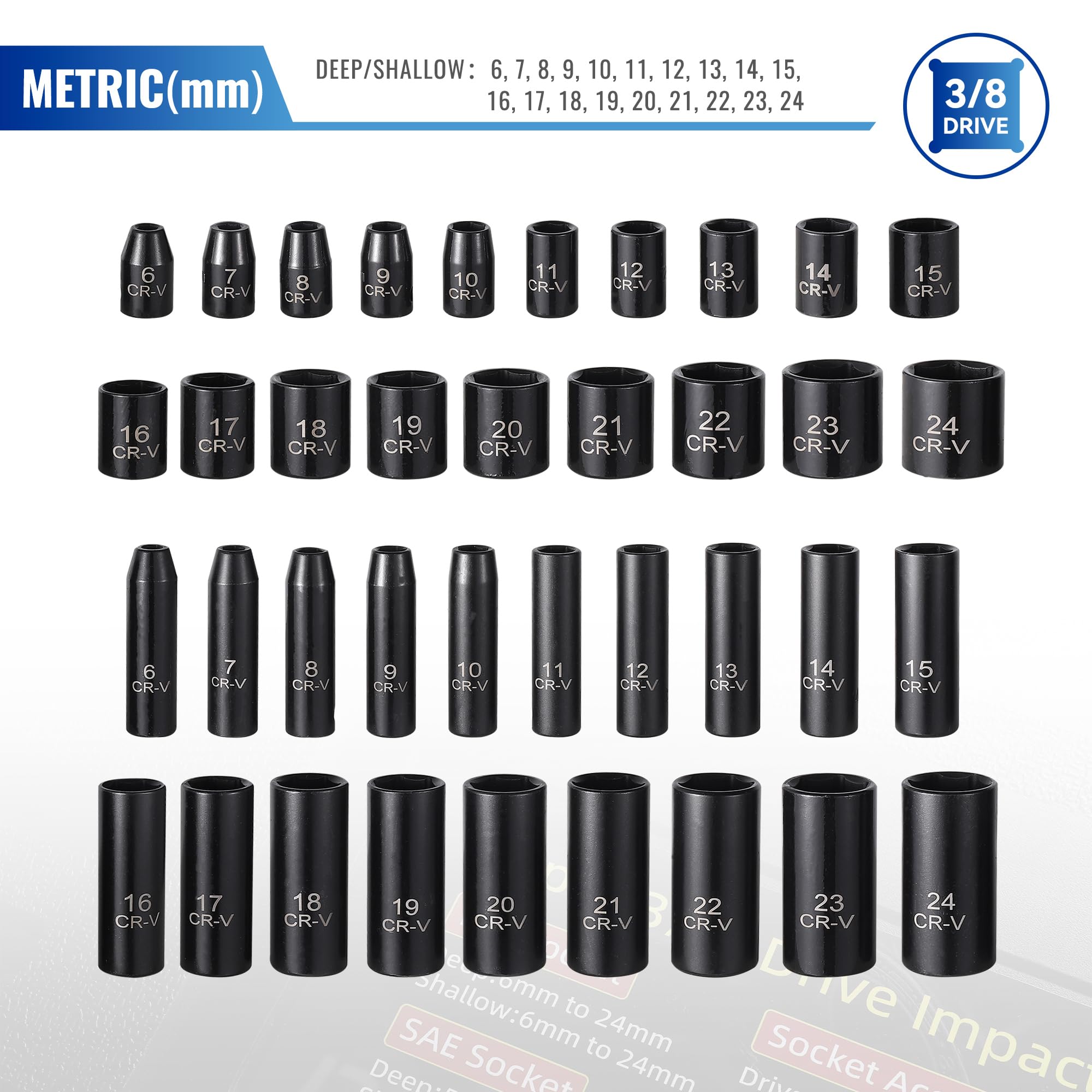 Reniteco 3/8-drive sockets with deep and shallow reach for versatile projects