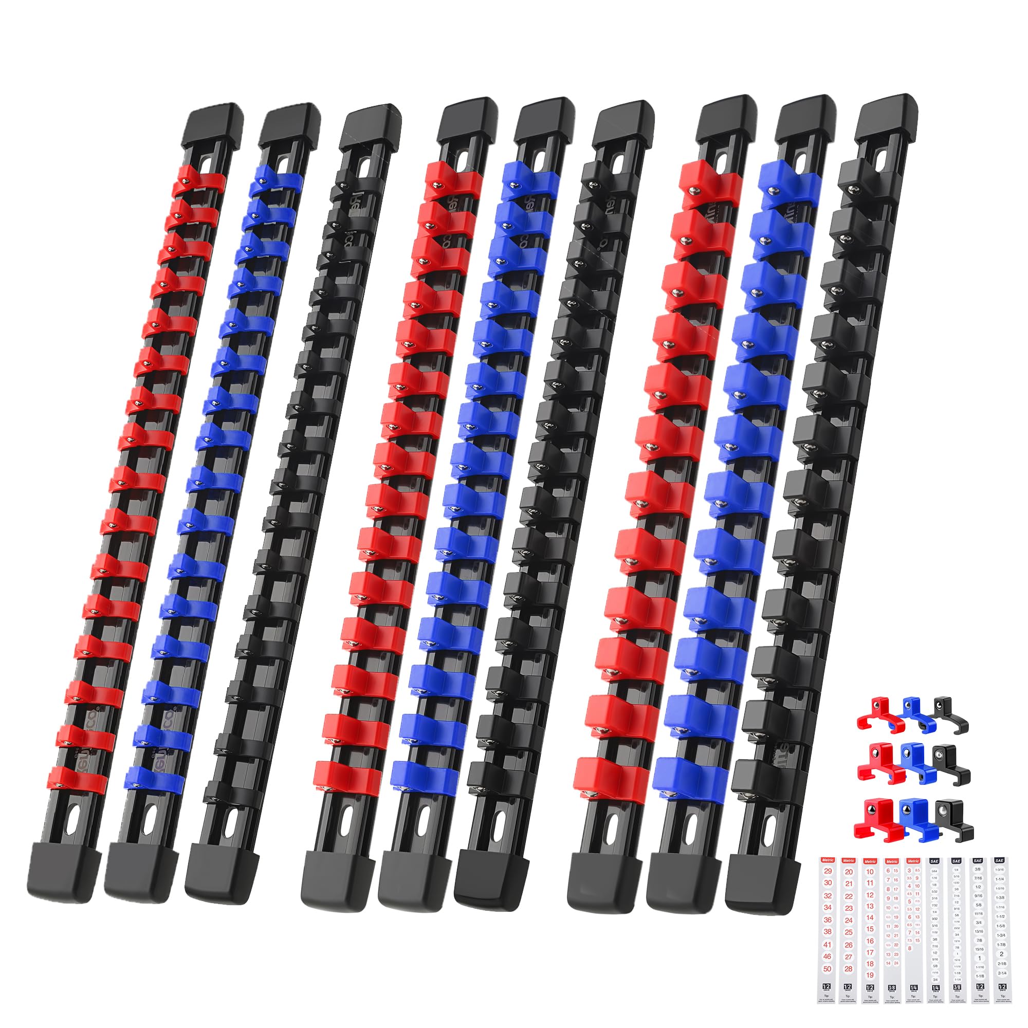 Reniteco 9-piece socket organizer rail keeping sockets organized in a toolbox.