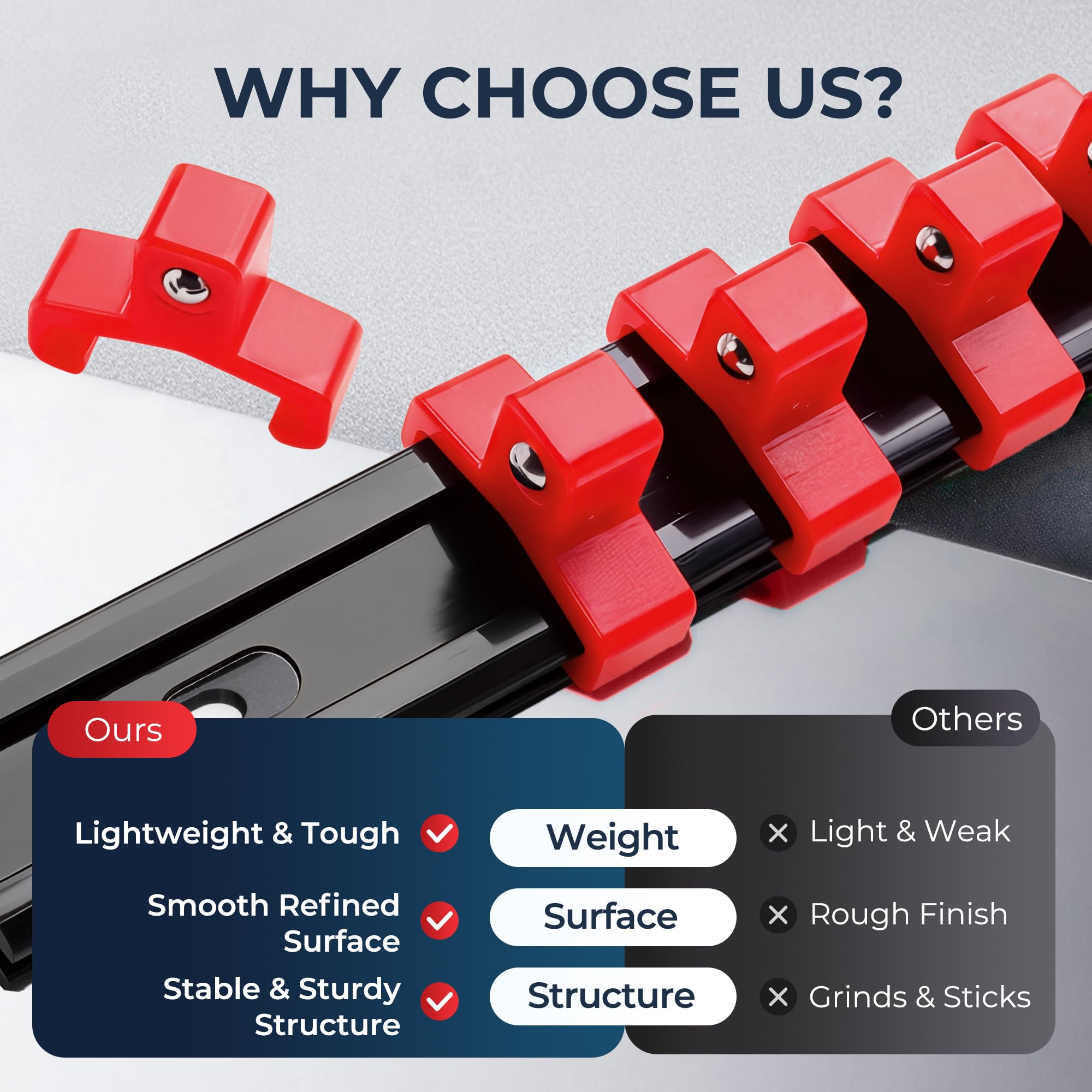 Reniteco heavy-duty ABS rail resists oil and chemicals for long-lasting use.
