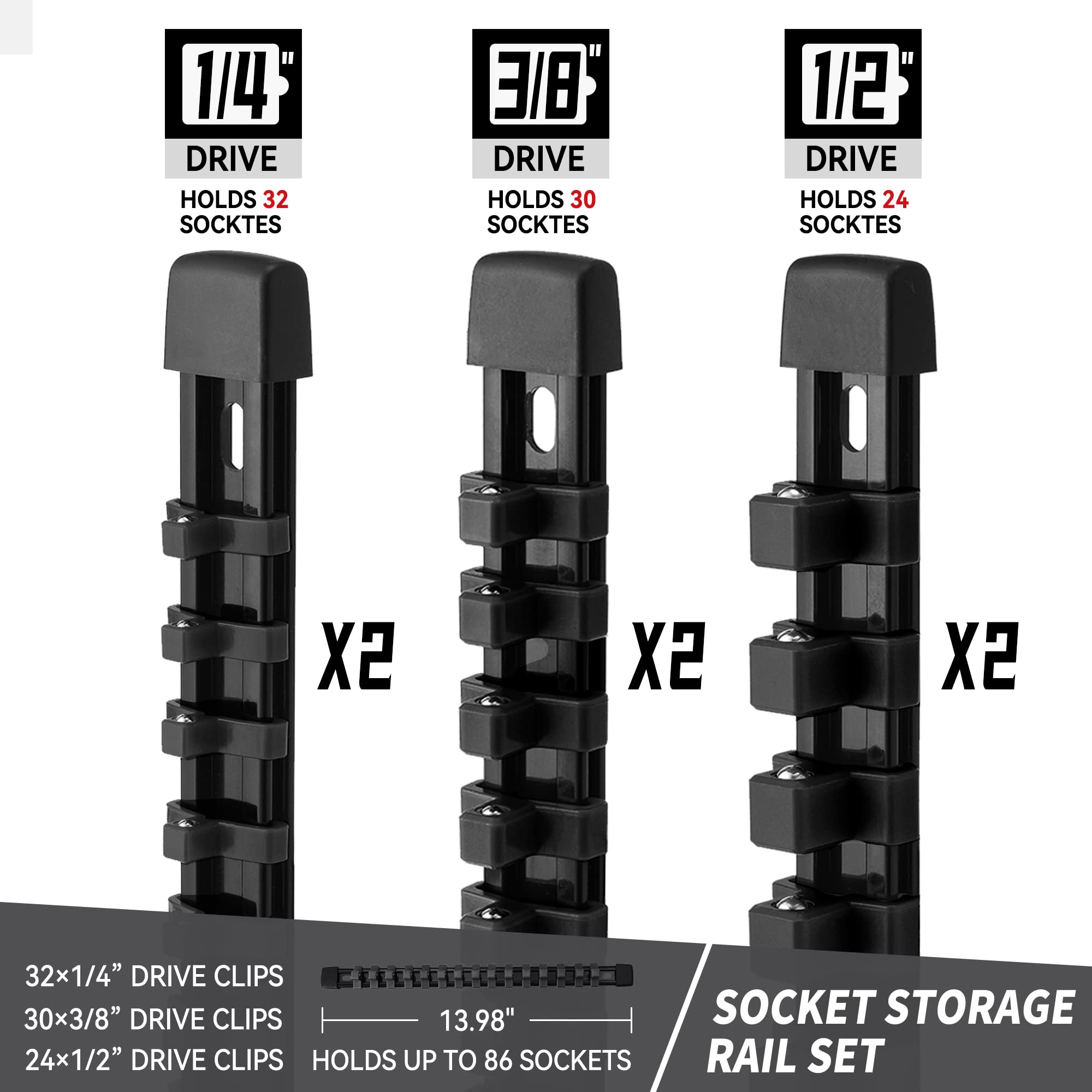 Reniteco rail showing customizable clip arrangement for versatile storage