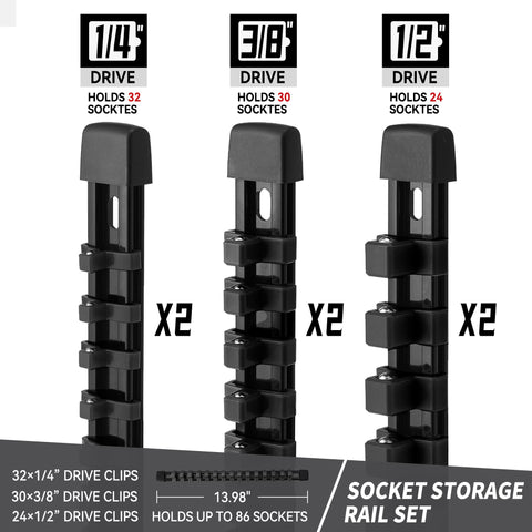 Reniteco rail showing customizable clip arrangement for versatile storage
