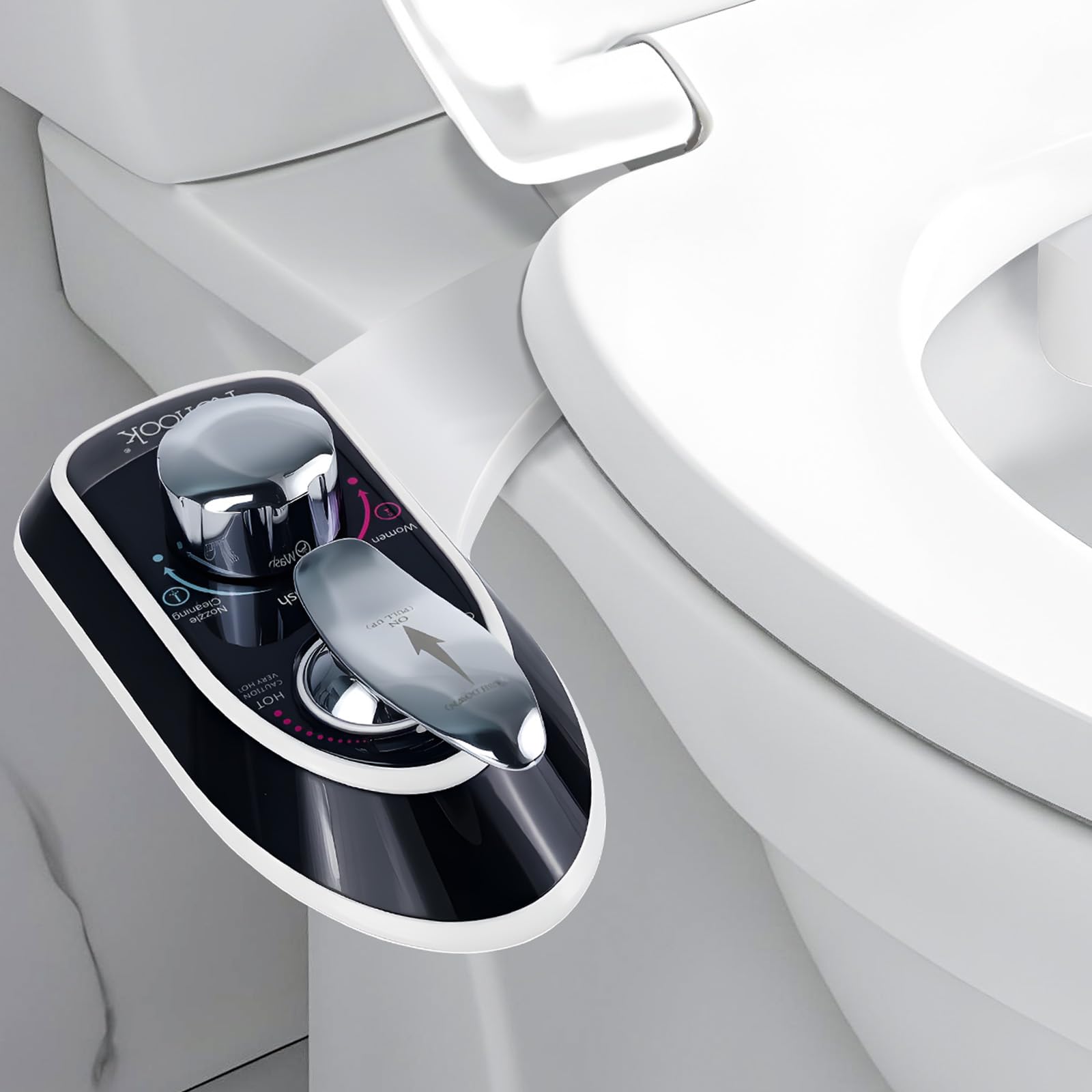 Renook toilet bidet attachment front view shows compact fit for small bathrooms.