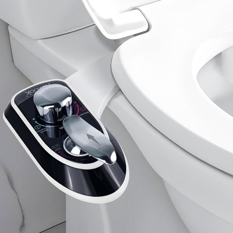 Renook toilet bidet attachment front view shows compact fit for small bathrooms.
