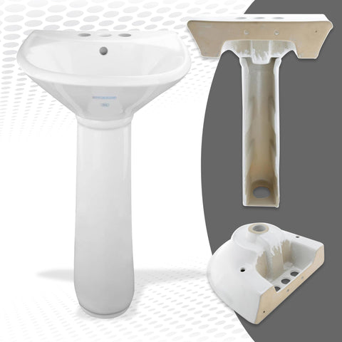 Renovators Supply Ondine pedestal sink side view highlights slim profile for tight spaces