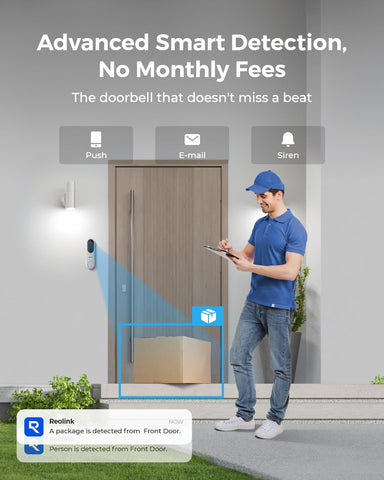 REOLINK doorbell detects people, vehicles, and packages for alerts.