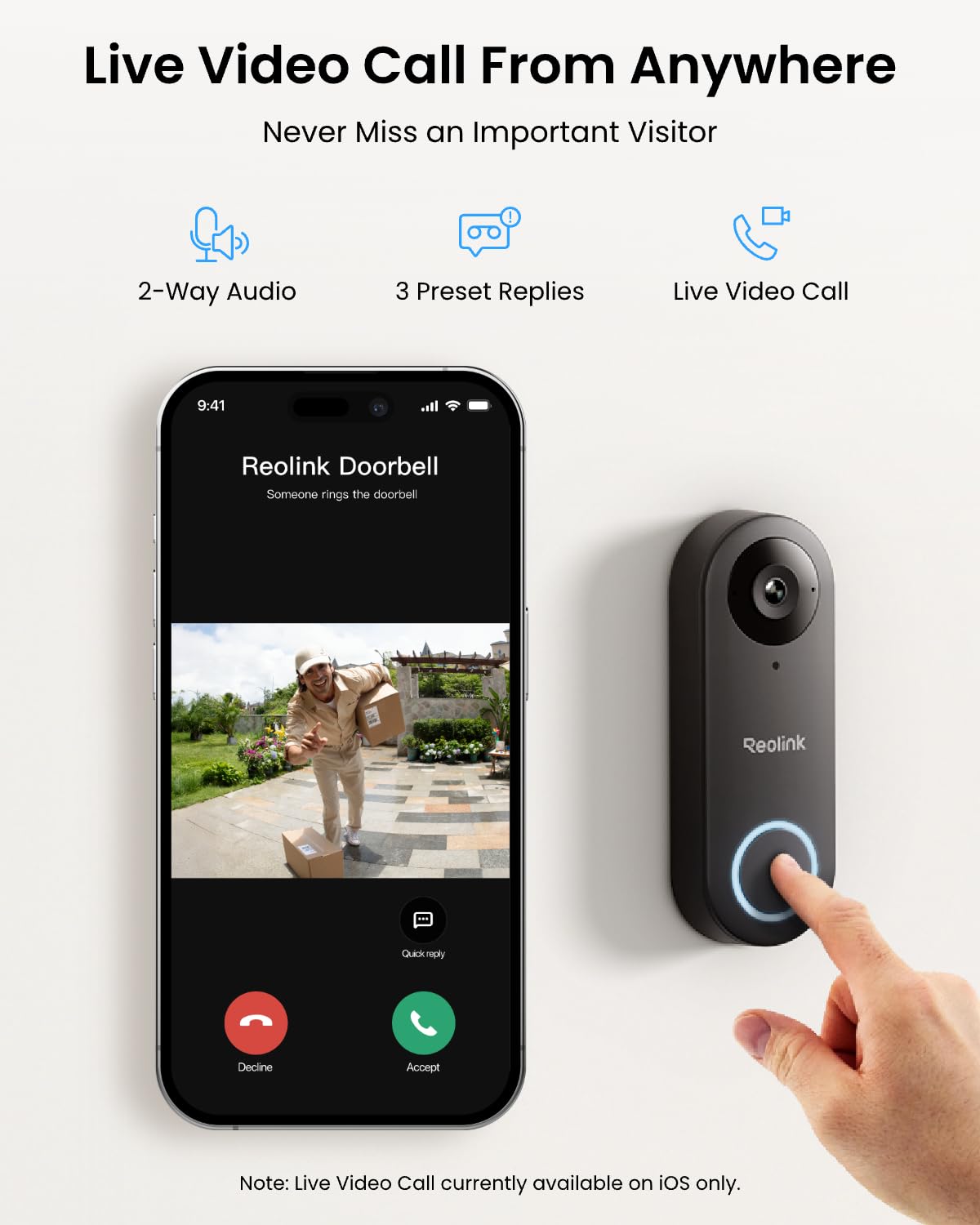 REOLINK Video Doorbell wide-angle captures more doorway area with 4:3 view
