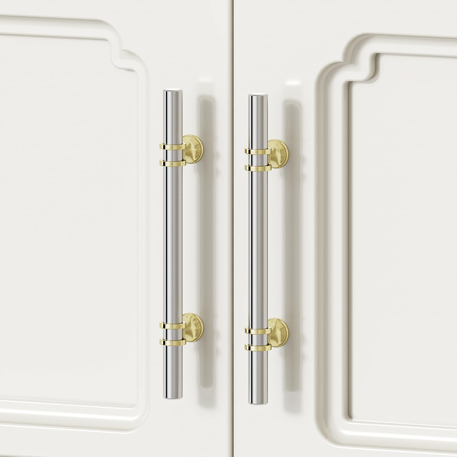 Rergy brushed nickel with gold two-tone cabinet pull, modern kitchen accent