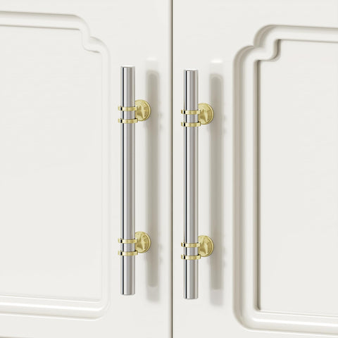 Rergy brushed nickel with gold two-tone cabinet pull, modern kitchen accent