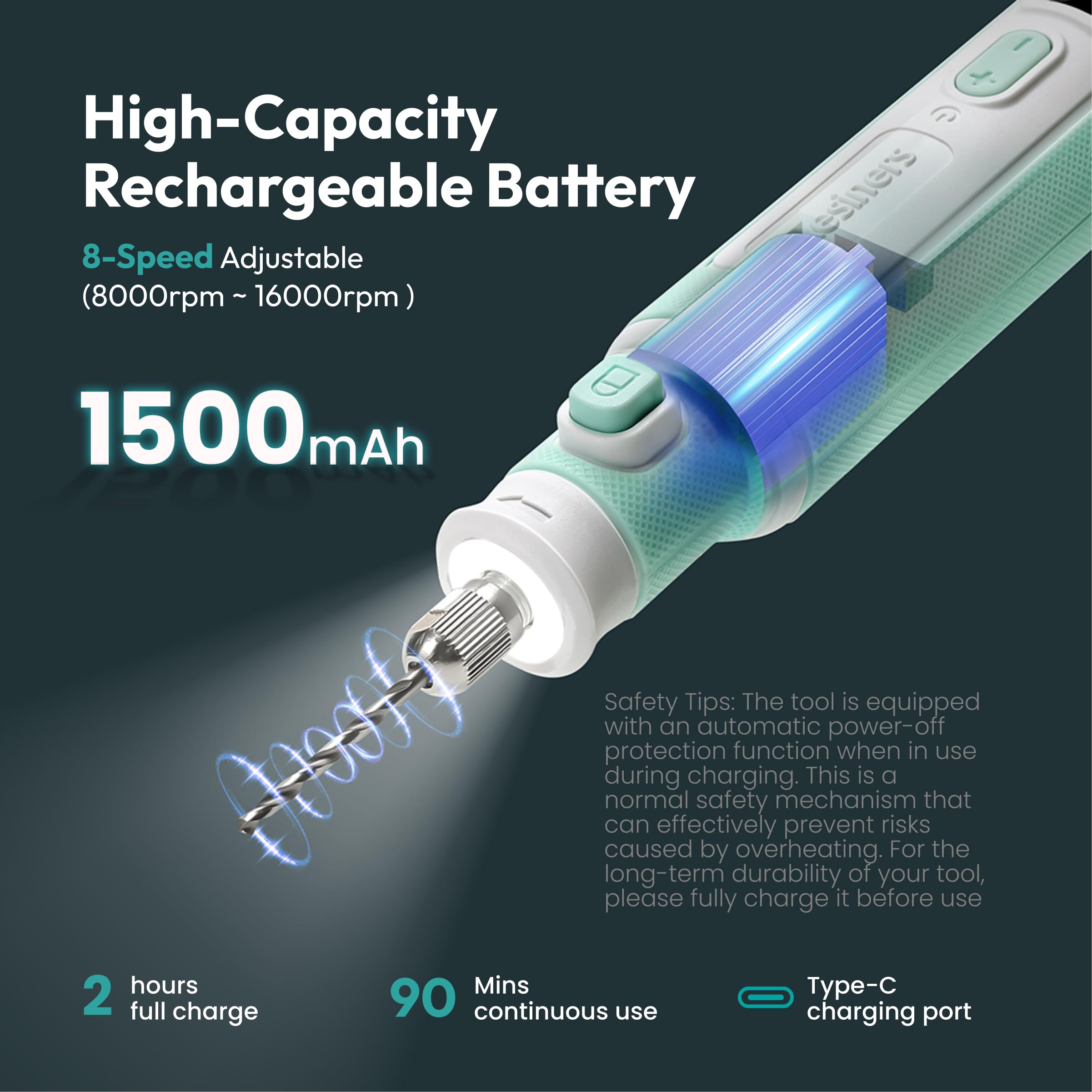 Resiners 1500mAh rechargeable battery with Type-C charging for quick top-ups between sessions