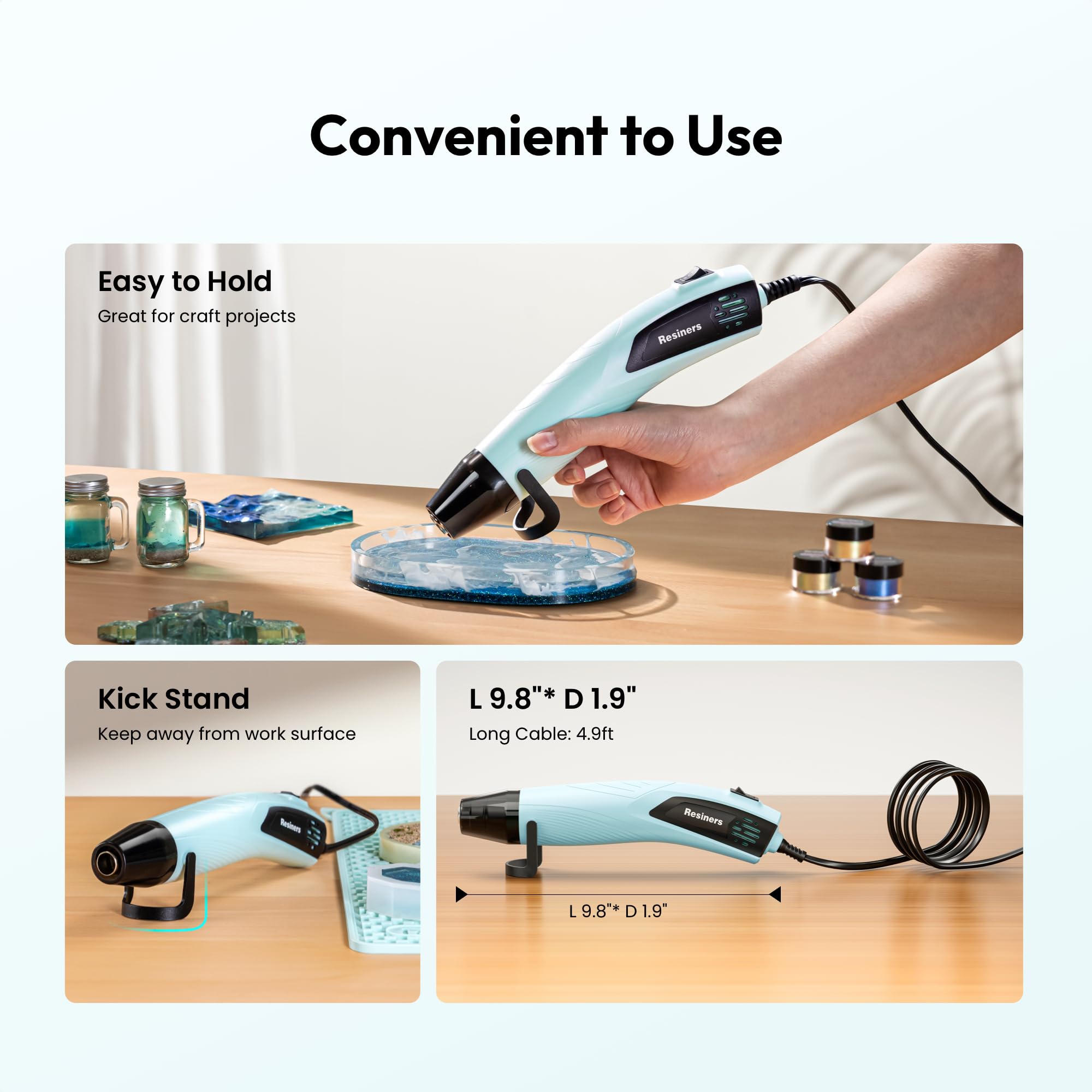 Resiners heat gun bubble removal supports smooth epoxy resin finishes.
