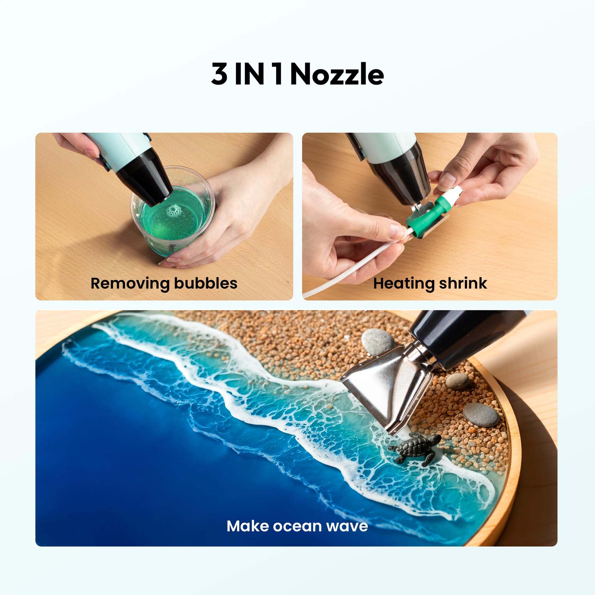 Resiners heat gun nozzle set highlights versatile attachments for bubbles and shrinking tasks.
