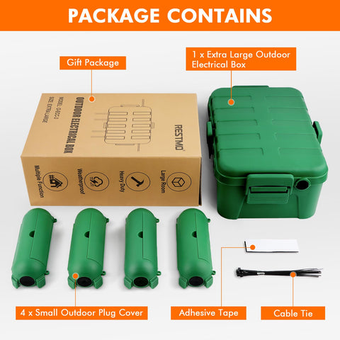 Restmo outdoor box utilization setup shows ready-to-use arrangement for holiday lighting.