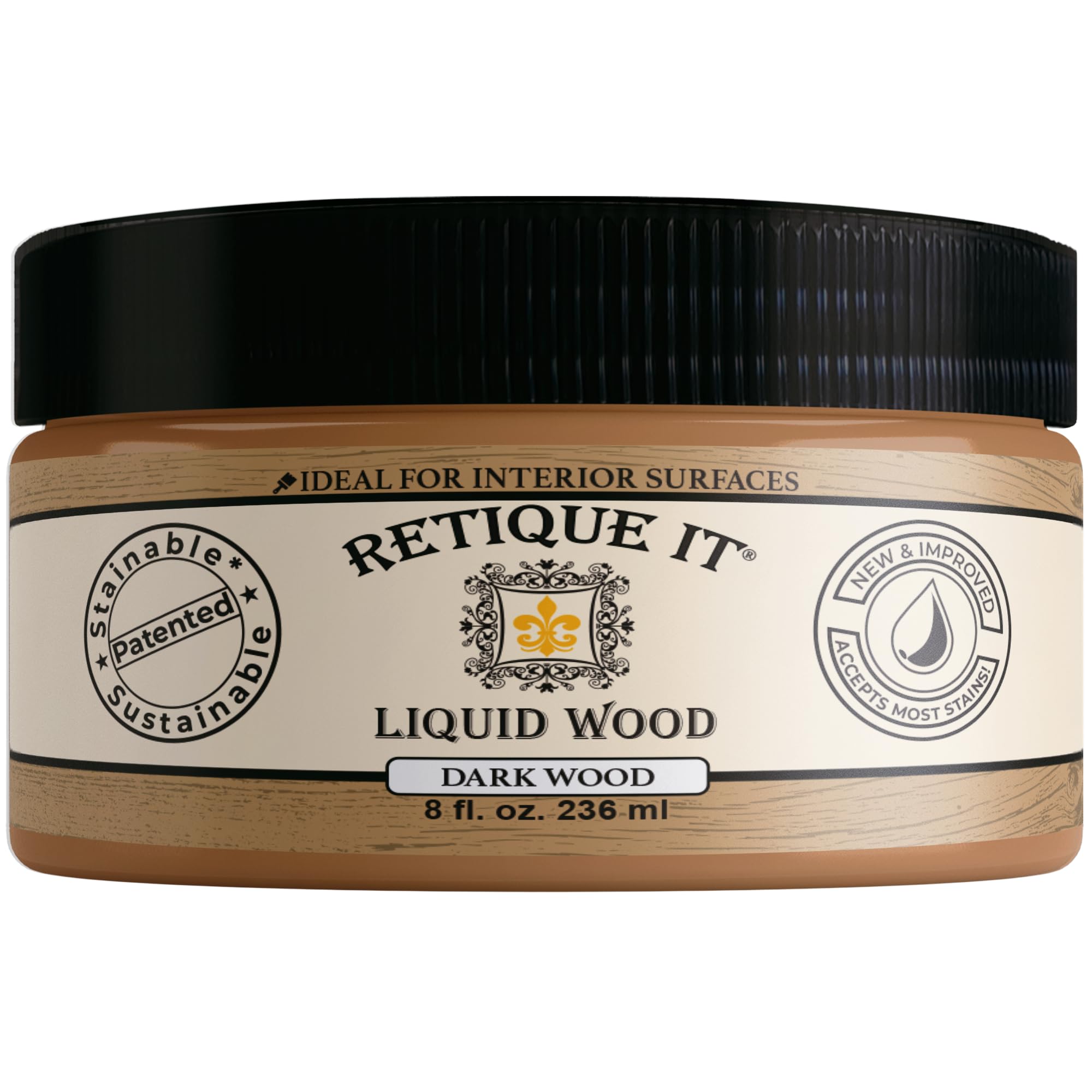 Retique It bottle pour creates a rich dark wood base coat for a durable finish.
