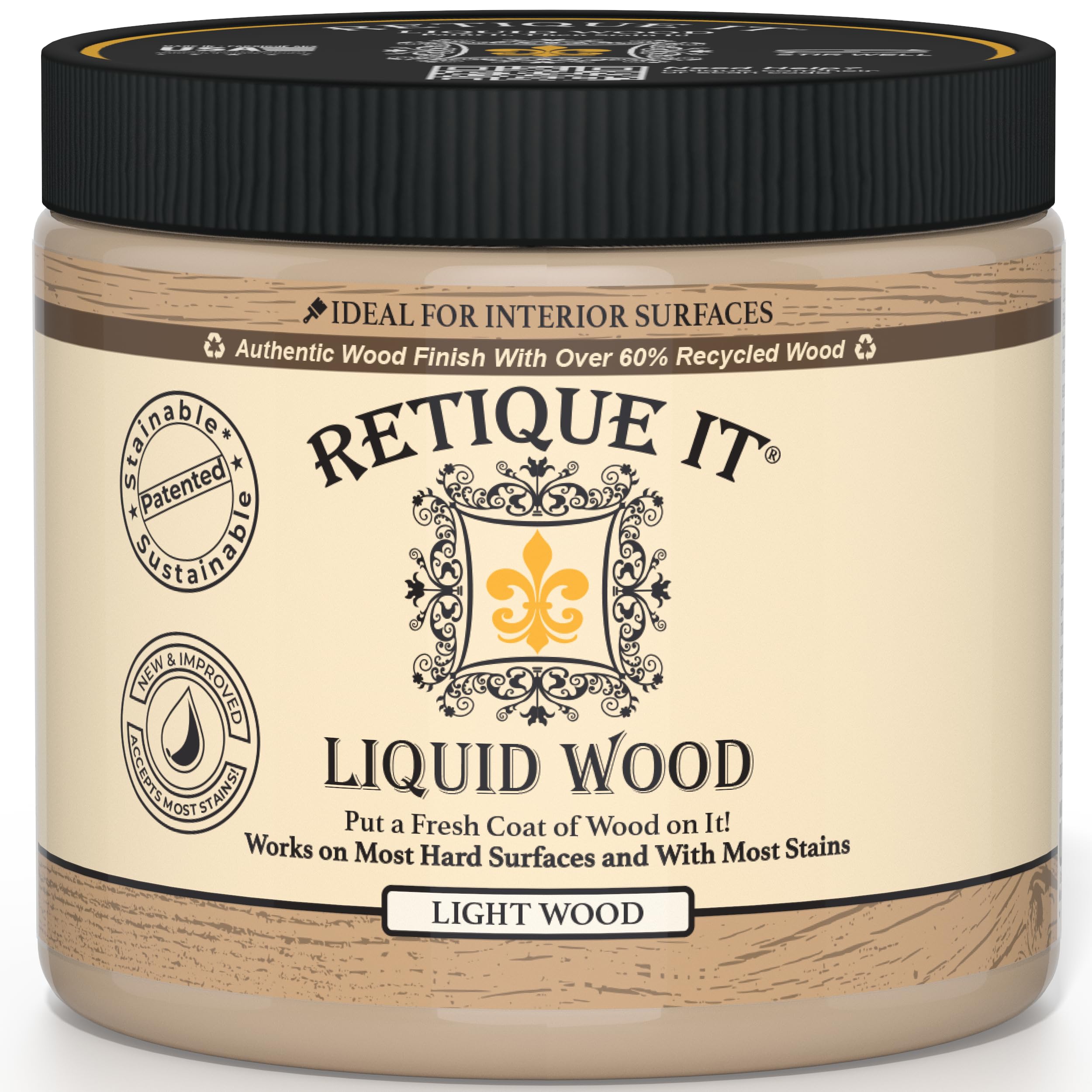 Retique It new formula liquid wood coatings bottle demonstrates smooth application and deep wood grain.