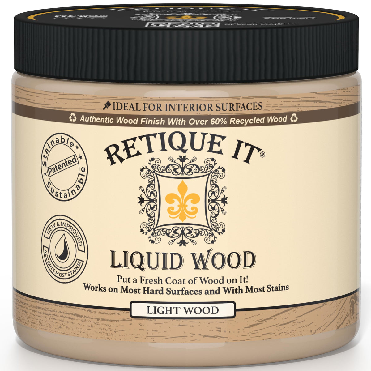 Retique It new formula liquid wood coatings bottle demonstrates smooth application and deep wood grain.