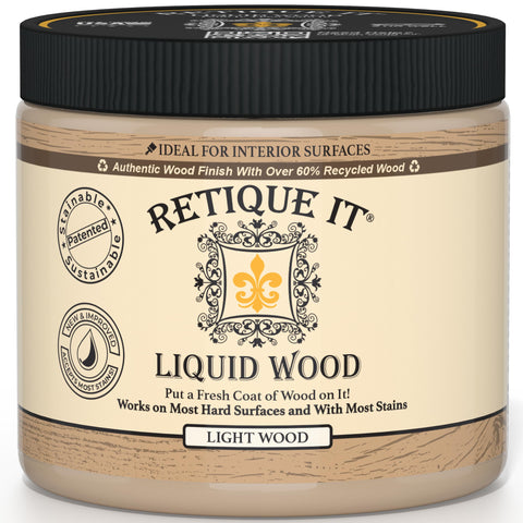 Retique It new formula liquid wood coatings bottle demonstrates smooth application and deep wood grain.