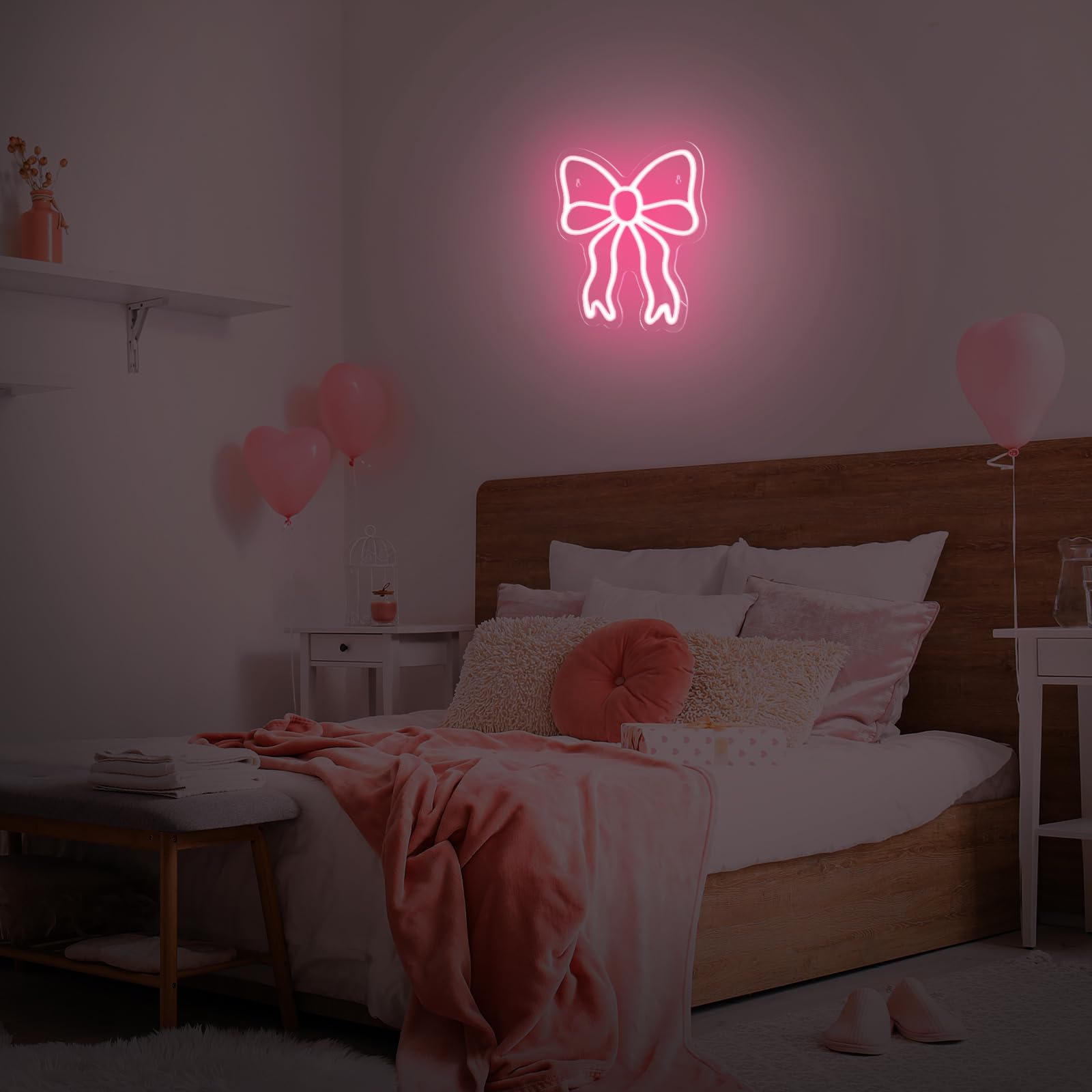Retisee Pink Bow neon sign lighting a beauty room for a warm backdrop.