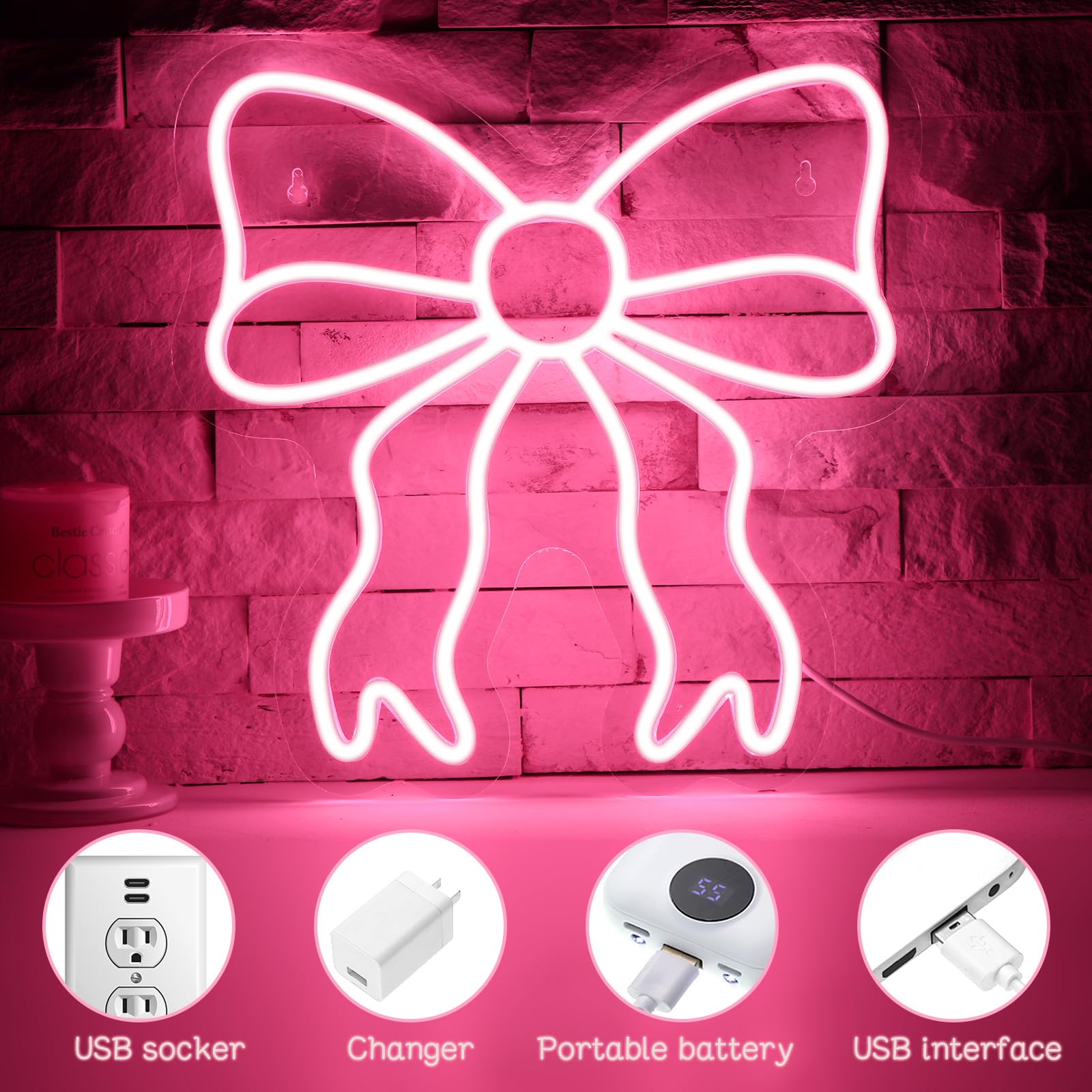 Retisee Pink Bow neon sign in a bedroom creating a cozy atmosphere.