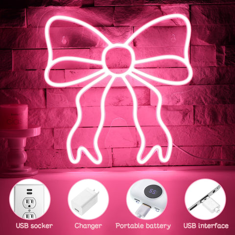 Retisee Pink Bow neon sign in a bedroom creating a cozy atmosphere.