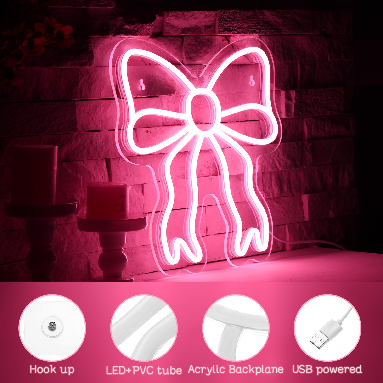 Retisee Pink Bow neon sign brightening a dorm room with stylish vibes.
