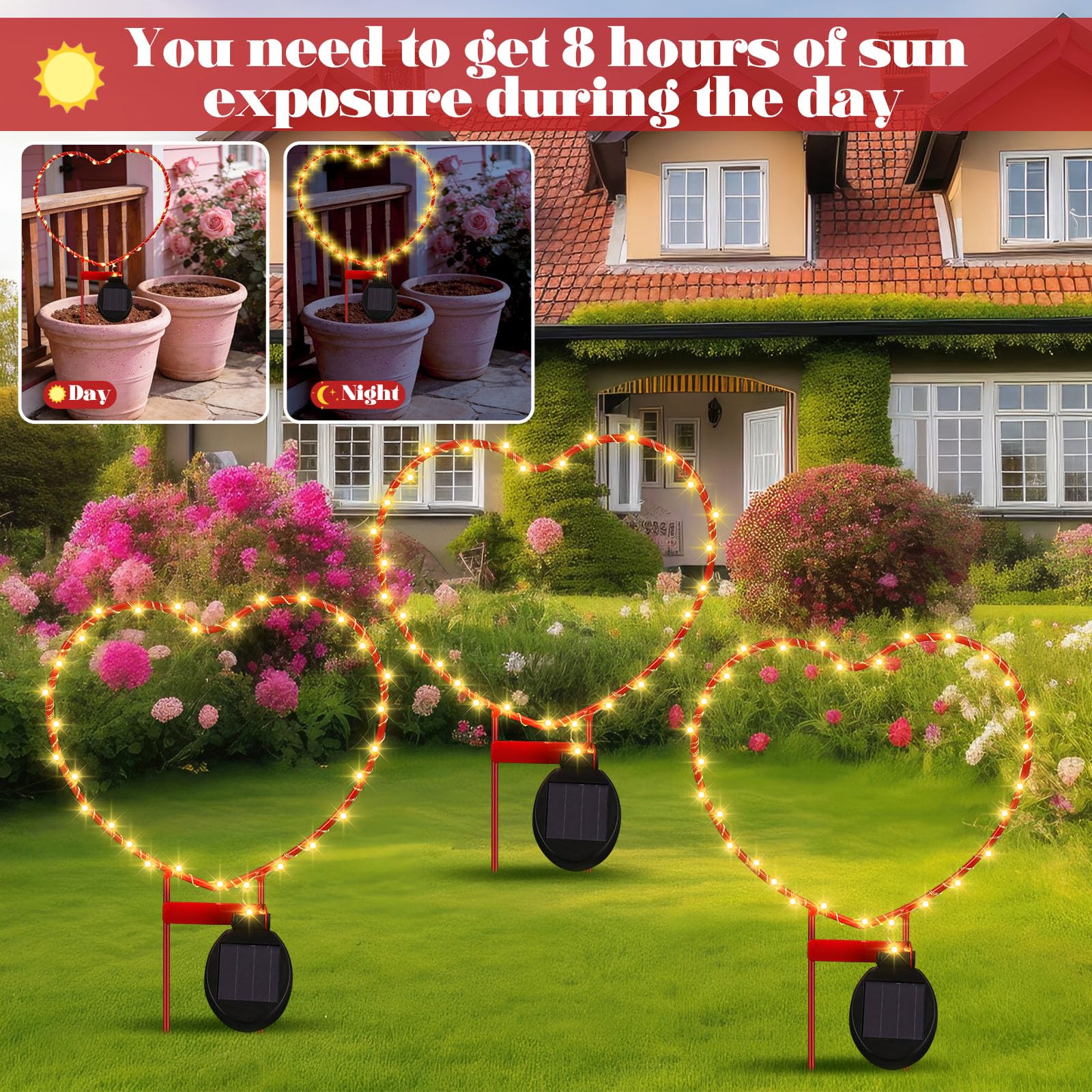 Retisee red heart metal frame lit adds festive mood to garden.