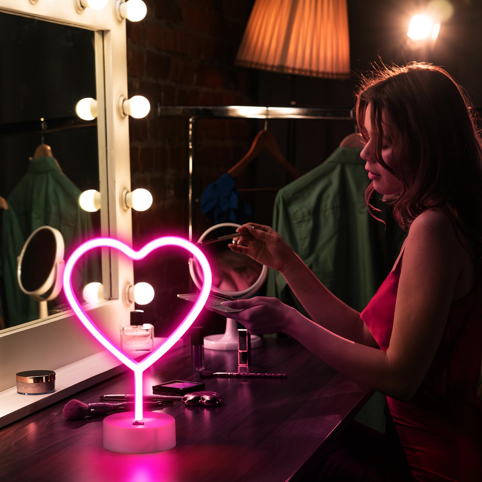 Retisee warm glow from heart neon lights enhances dining and photo backdrops.