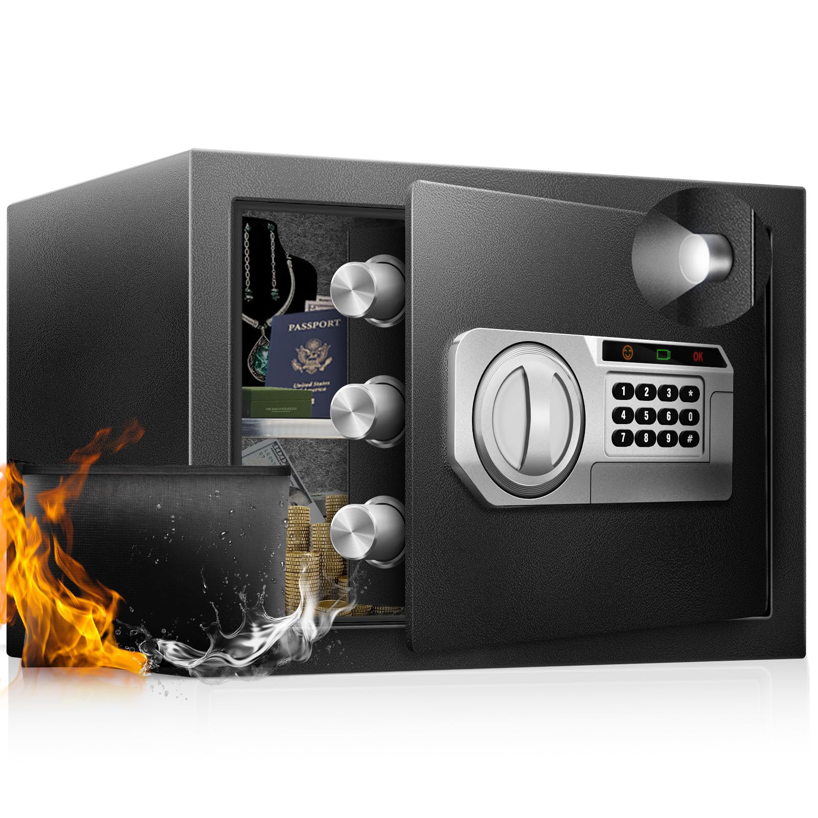 RETLLAS 1.5 cu ft safe front view showing flat letter-size storage for documents