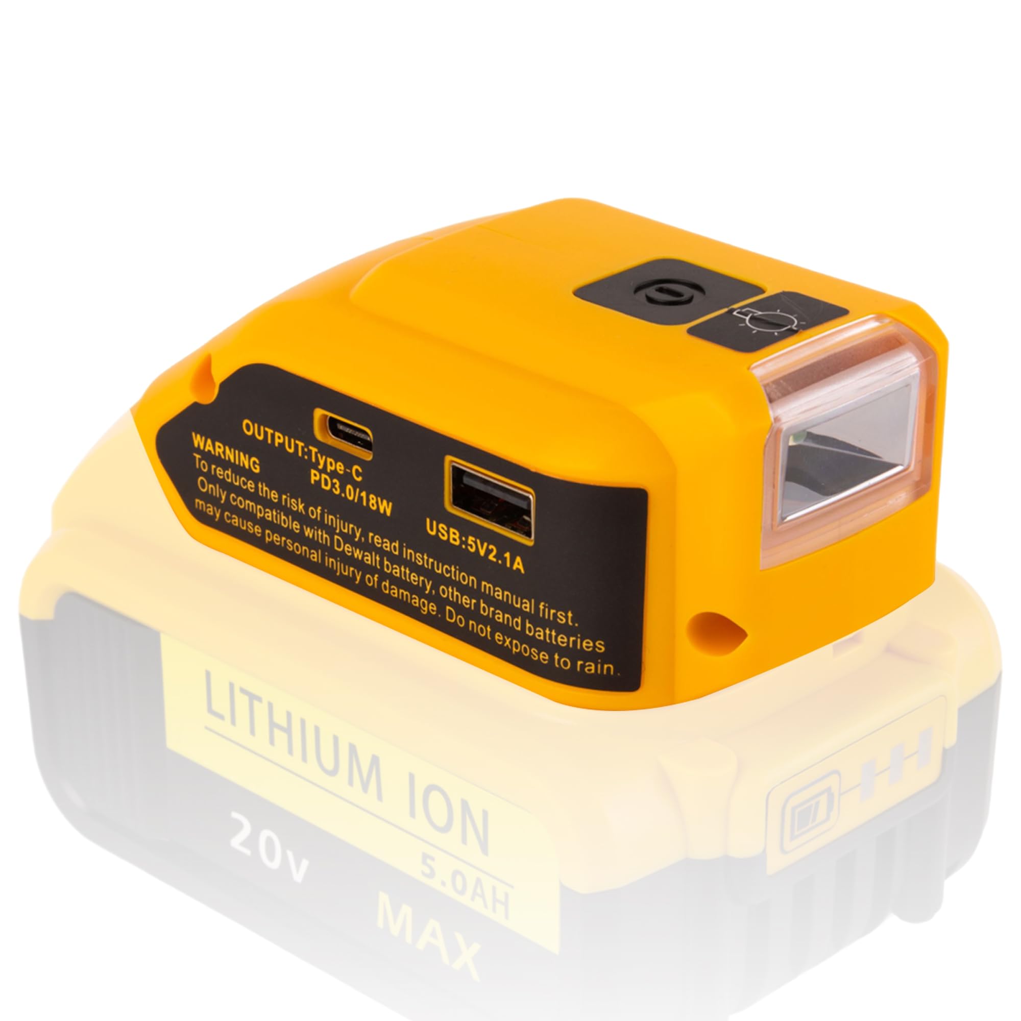 RETRUE DeWalt 20V USB charger adapter front view powering devices on site