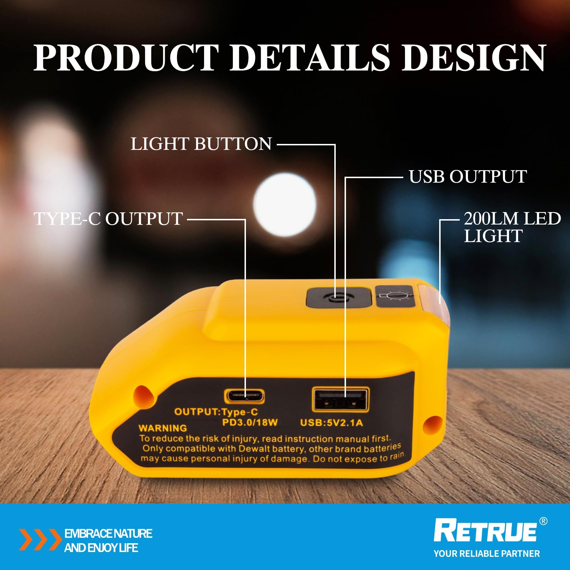 RETRUE DeWalt charger with USB and Type-C ports for easy charging