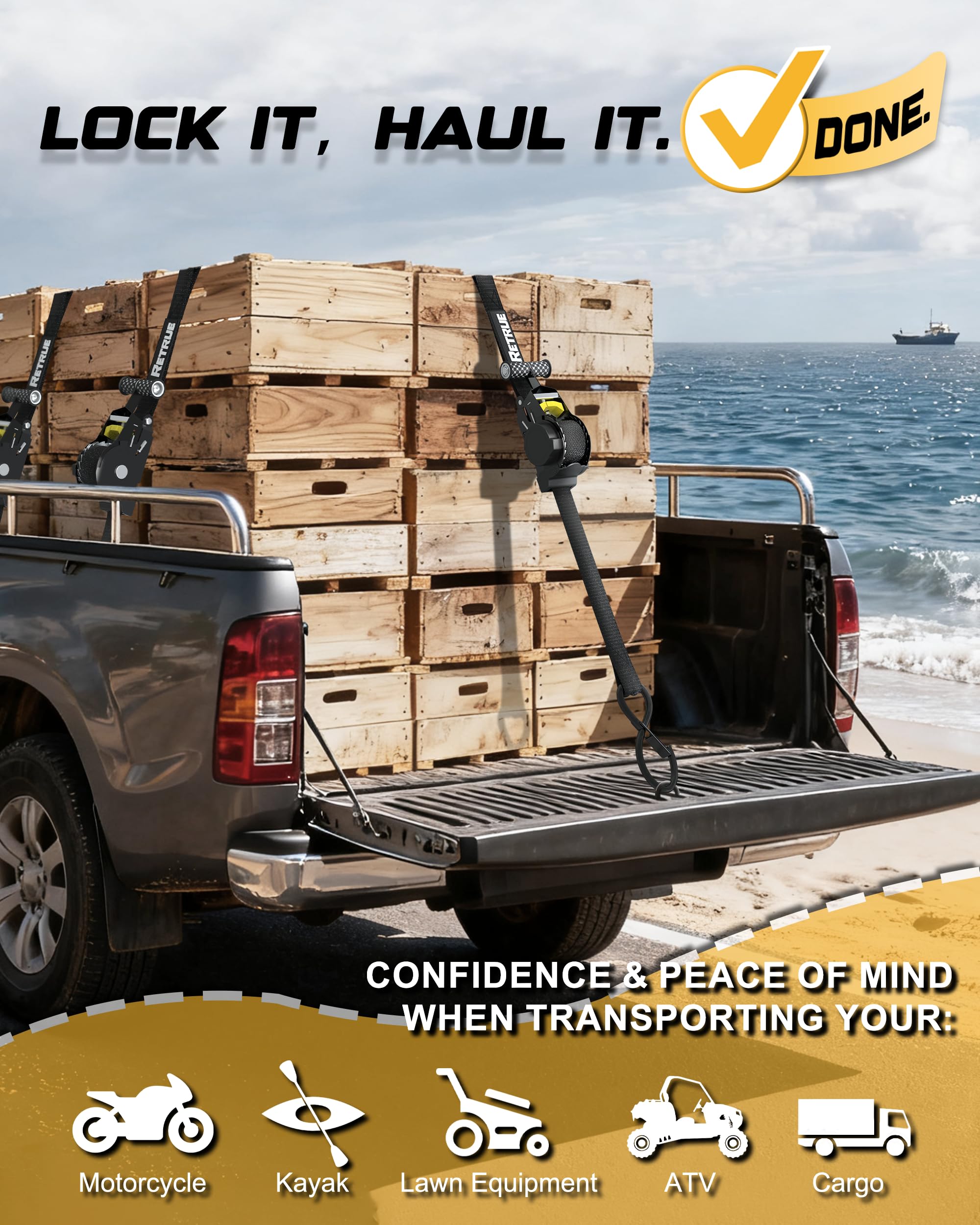 RETRUE strap securing a motorcycle on a trailer during transport