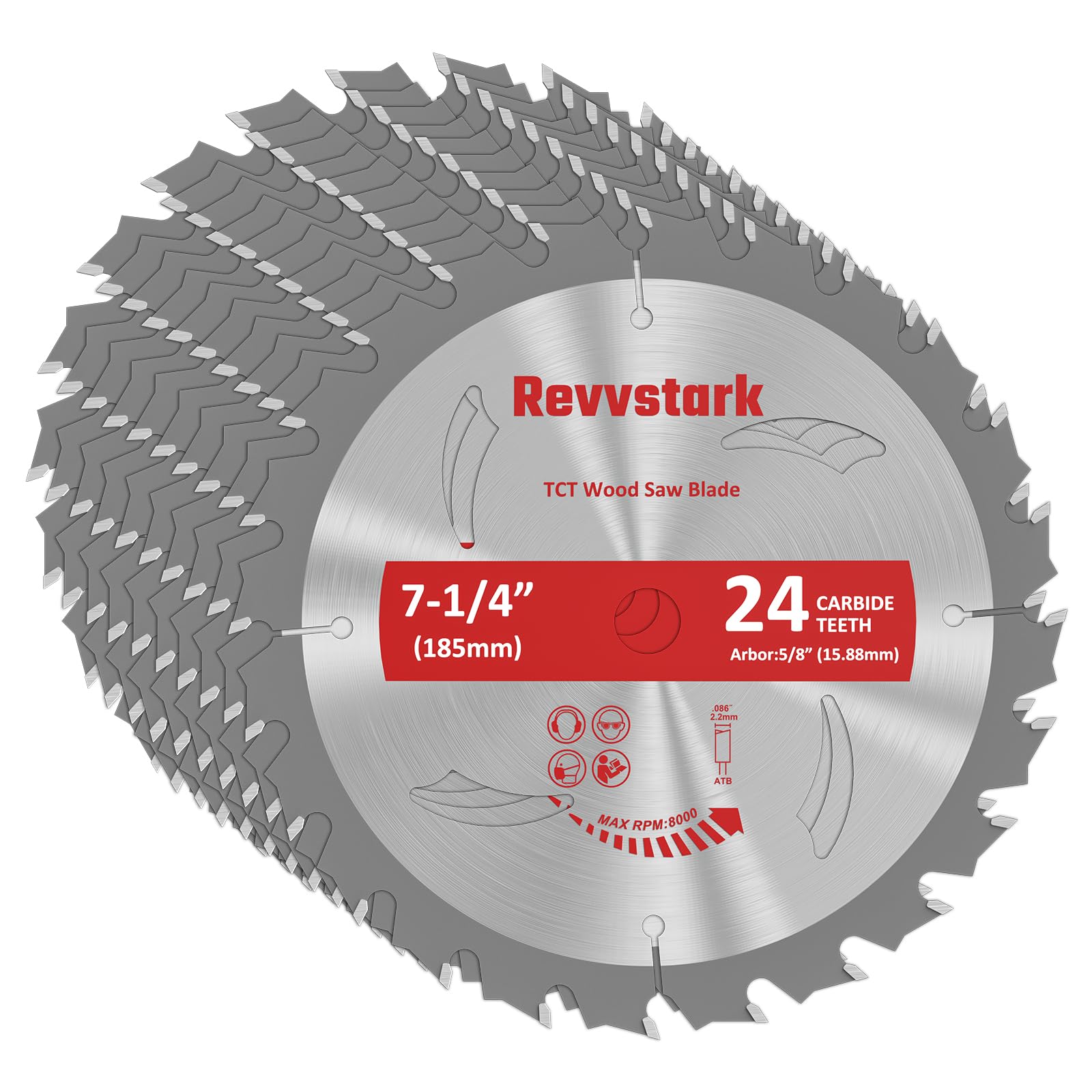 Revvstark 7-1/4 inch blade closeup shows durable carbide teeth for long-lasting cuts.