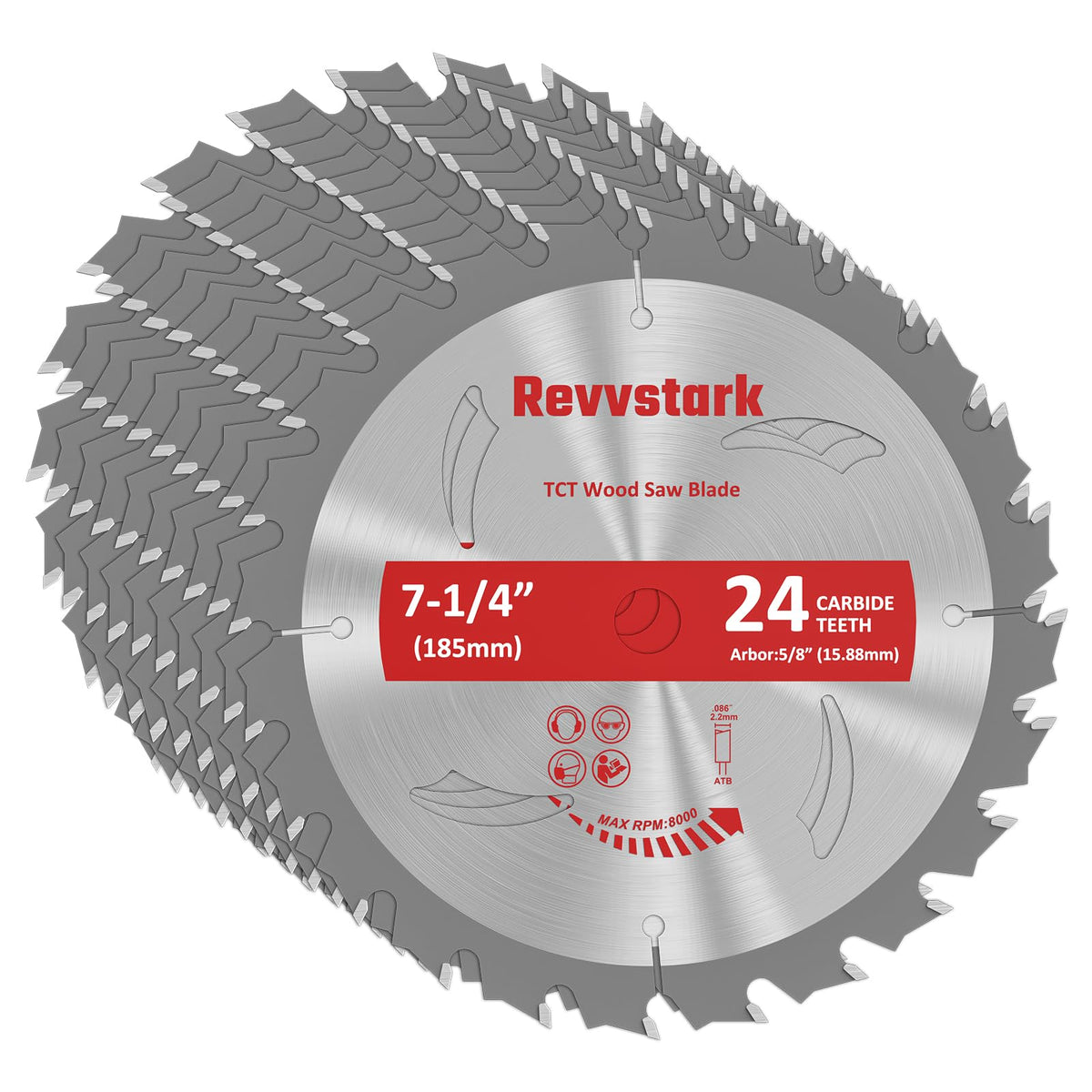 Revvstark 7-1/4 inch blade closeup shows durable carbide teeth for long-lasting cuts.