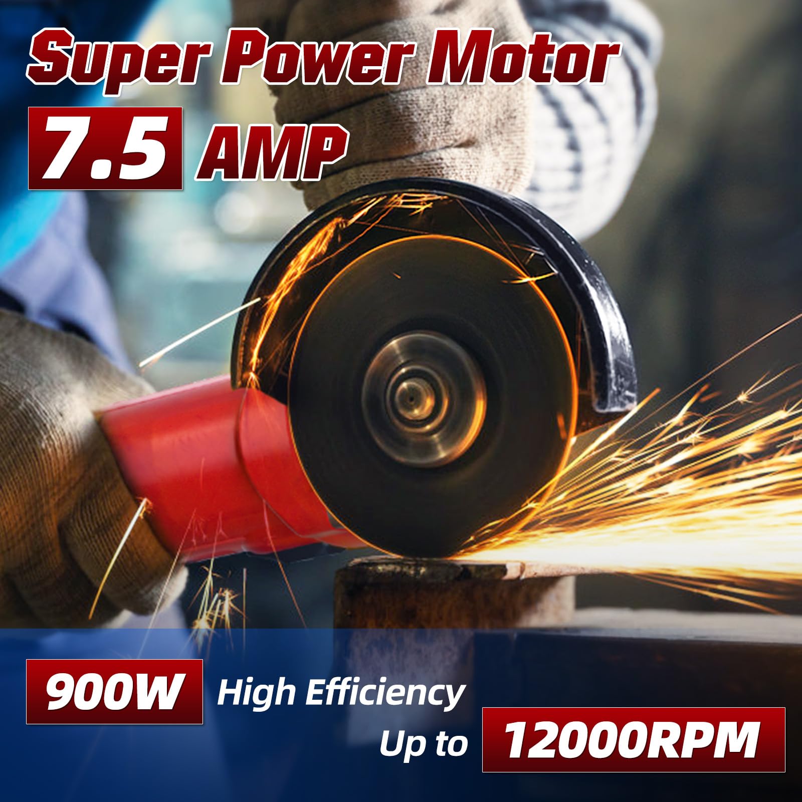 Revvstark angle grinder operates at 12000 RPM for fast material removal.