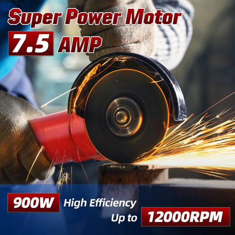 Revvstark angle grinder operates at 12000 RPM for fast material removal.