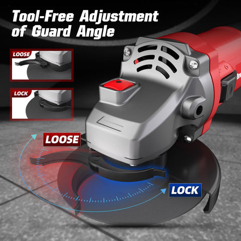 Revvstark angle grinder two-position auxiliary handle improves versatility.