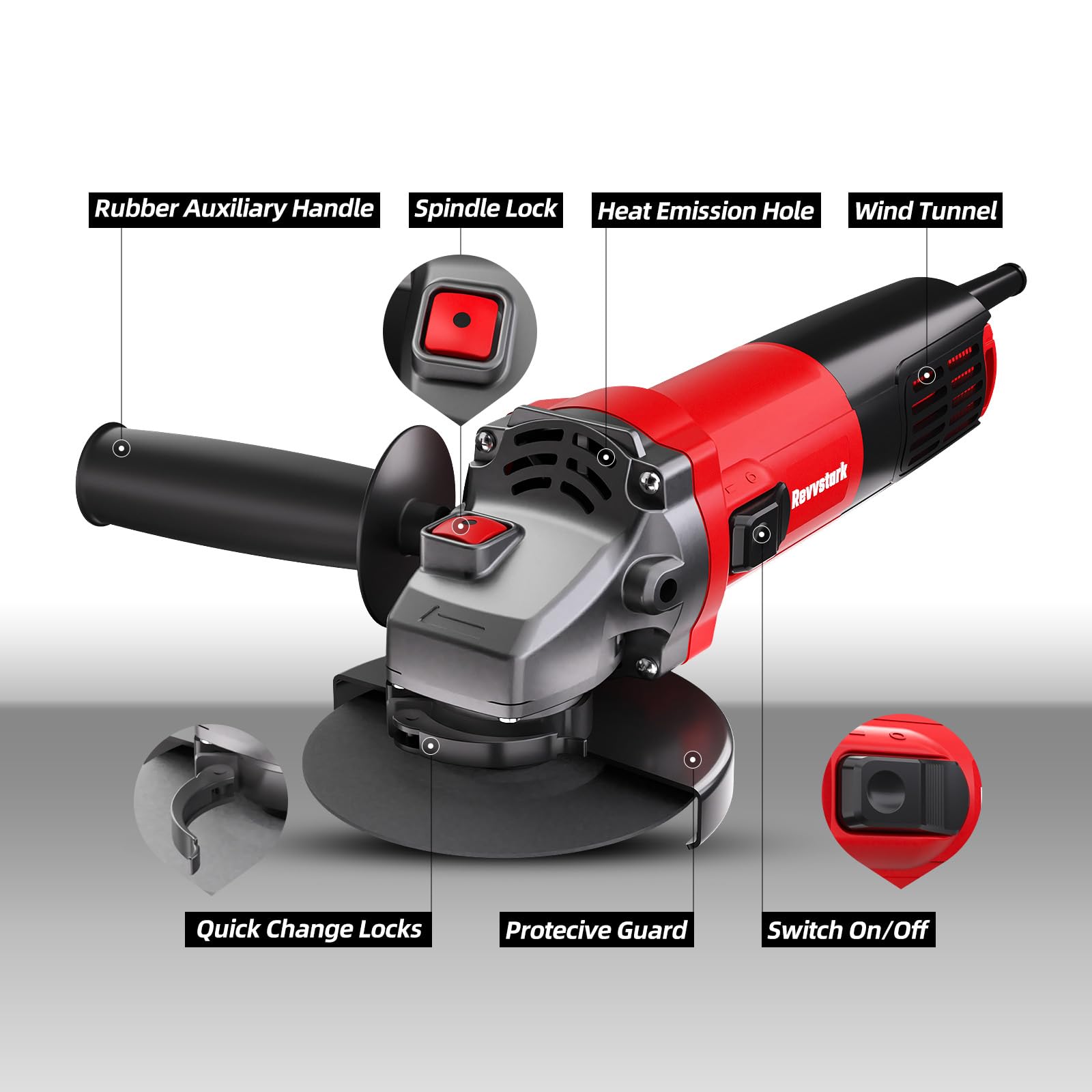 Revvstark angle grinder three-dimensional vents keep the motor cool.