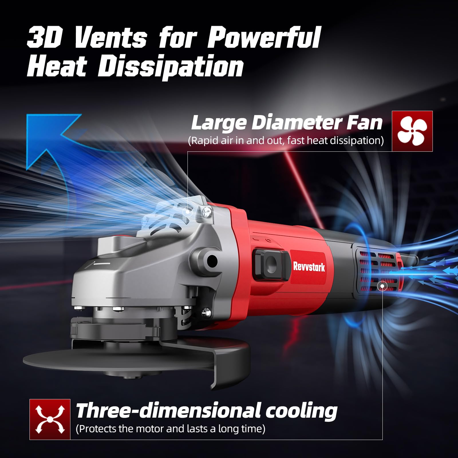Revvstark angle grinder ergonomic handle provides comfortable control.