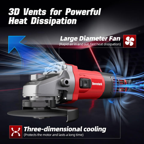 Revvstark angle grinder ergonomic handle provides comfortable control.